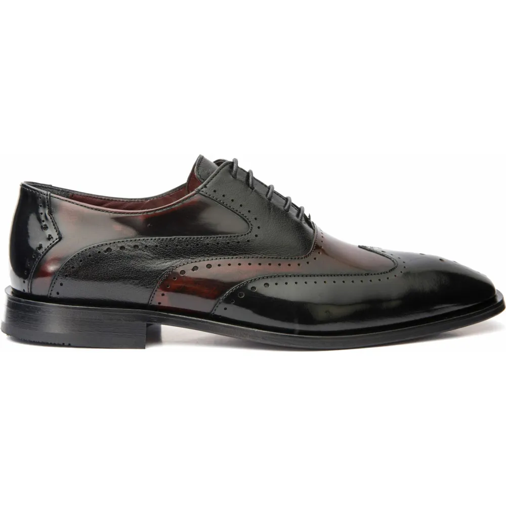 Vinci Leather The Dicle Black / Burgundy Wingtip Semi Brogue Derby Shoe (16010)