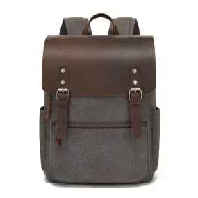 Vintage Leather Laptop Backpack for Men with Double Buckles and Rivets, Large Travel Bag for Outdoor Activities, Canvas School D