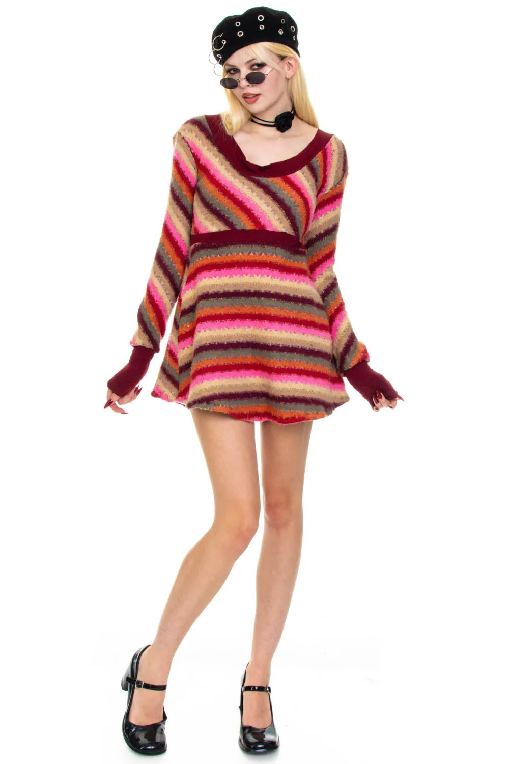 Vintage Y2K Candy Stripe Long-Sleeve Dress - S/M