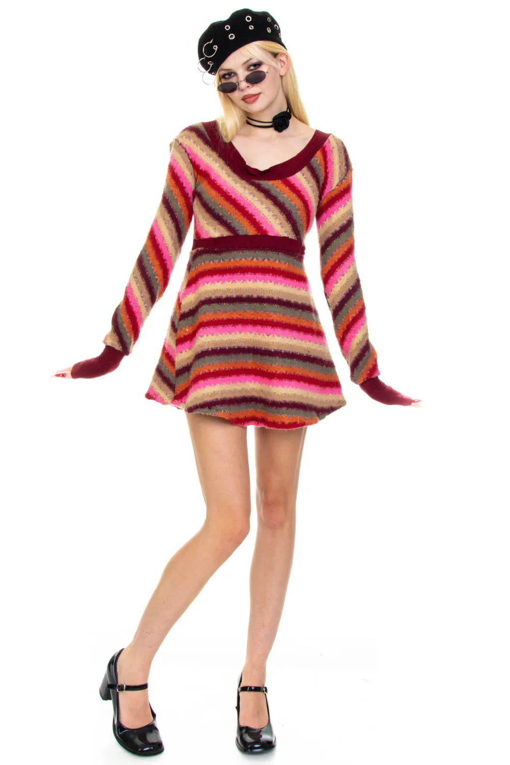 Vintage Y2K Candy Stripe Long-Sleeve Dress - S/M