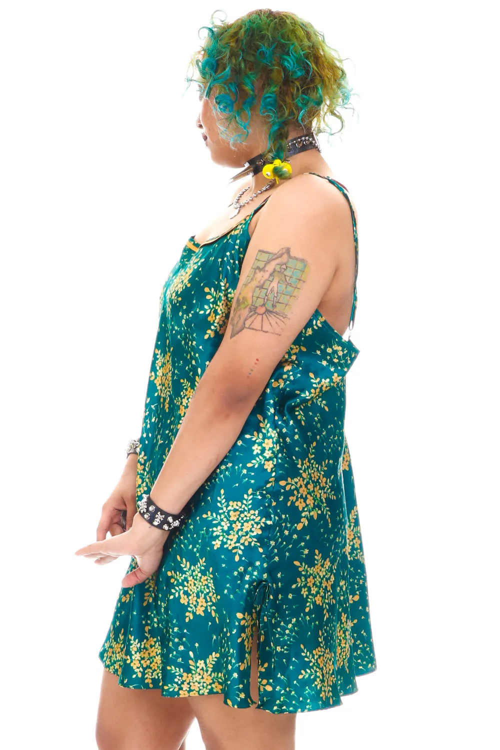 Vintage Y2K Delicate Flower Green Slip Dress - L/XL