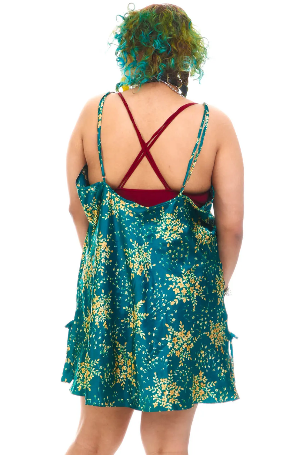 Vintage Y2K Delicate Flower Green Slip Dress - L/XL