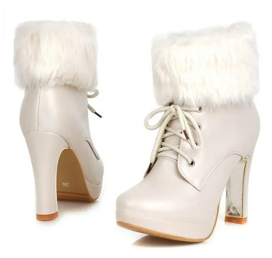 White Ankle Bootie Platform Heels with Fur and Lace-Up Detail