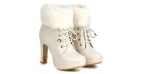 White Ankle Bootie Platform Heels with Fur and Lace-Up Detail