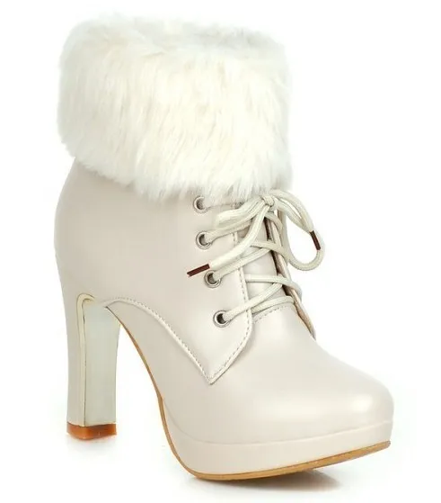 White Ankle Bootie Platform Heels with Fur and Lace-Up Detail