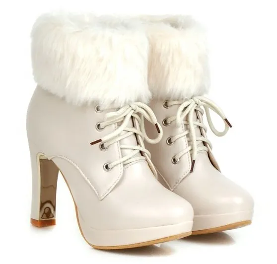 White Ankle Bootie Platform Heels with Fur and Lace-Up Detail