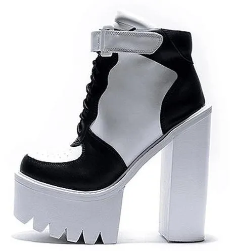 White Black Sneakers High Heels Chunky Sole Platforms Boots