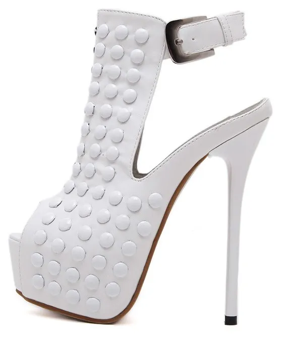 White Patent Studs Peeptoe High Heels Ankle Boots Platforms