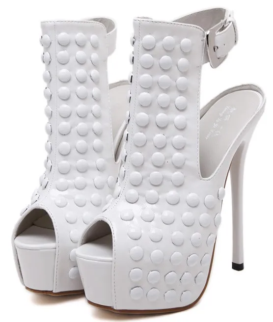 White Patent Studs Peeptoe High Heels Ankle Boots Platforms