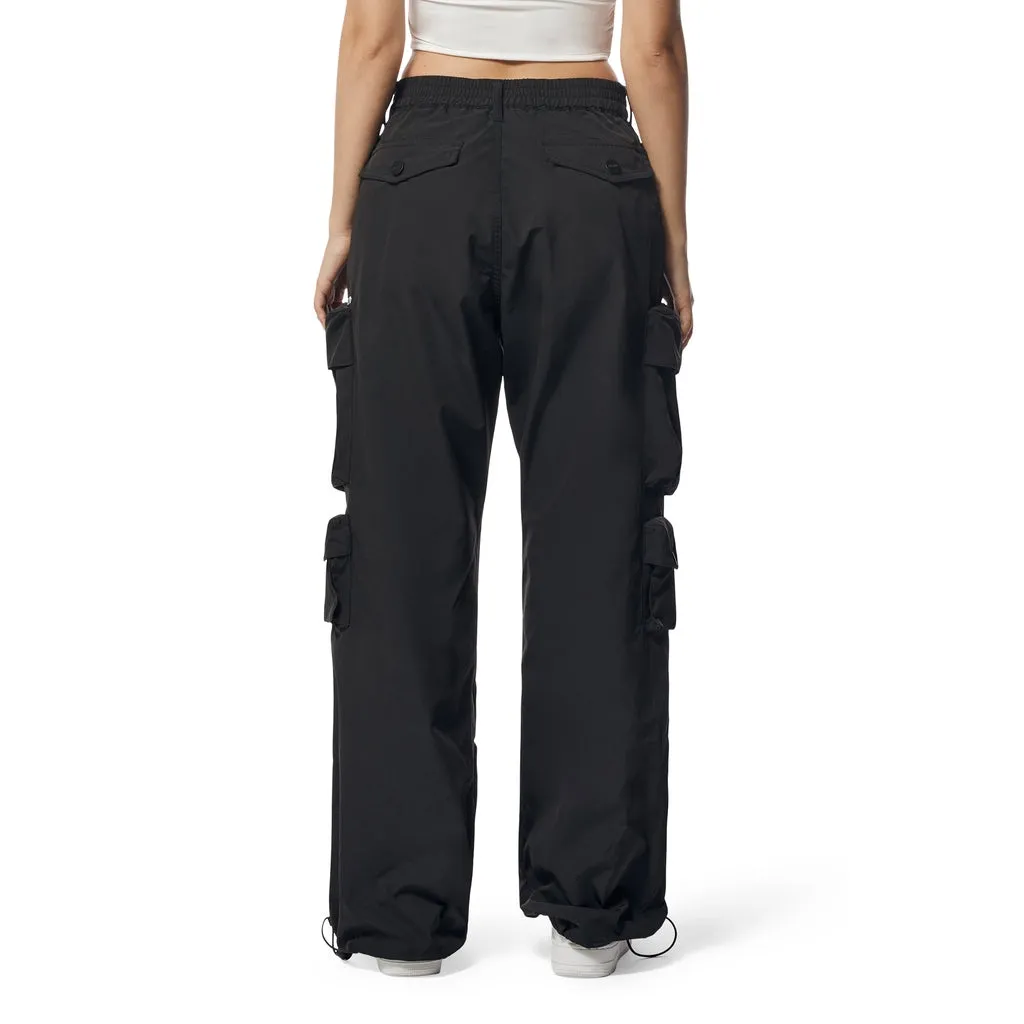 Wide Leg Utility Windbreaker Cargo Joggers - Black