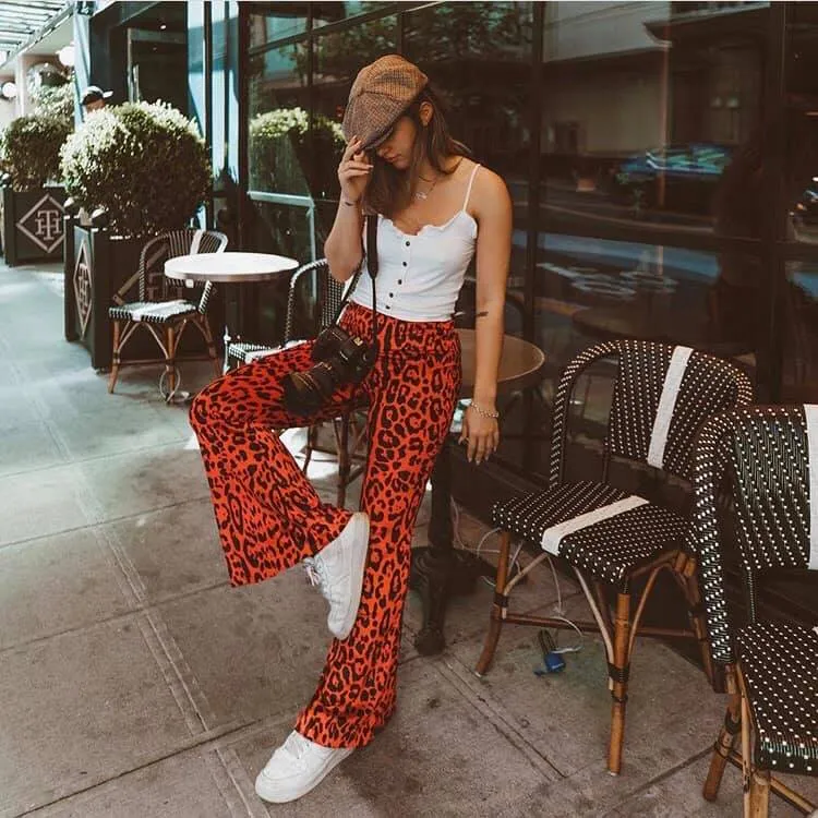 Wild Thing Red Leopard Print Bell Bottoms Flare Trousers