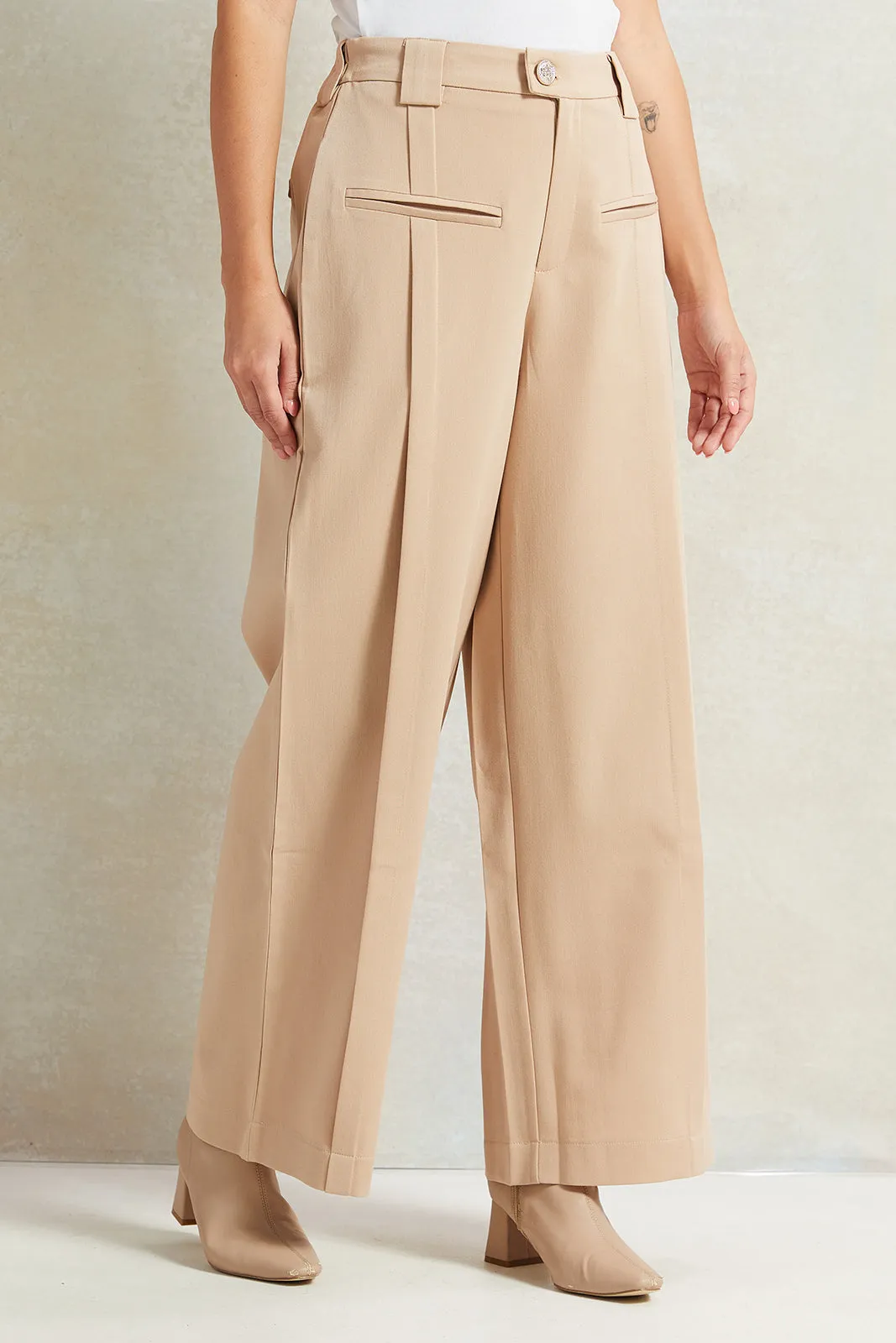 Women Beige High Waisted Trousers