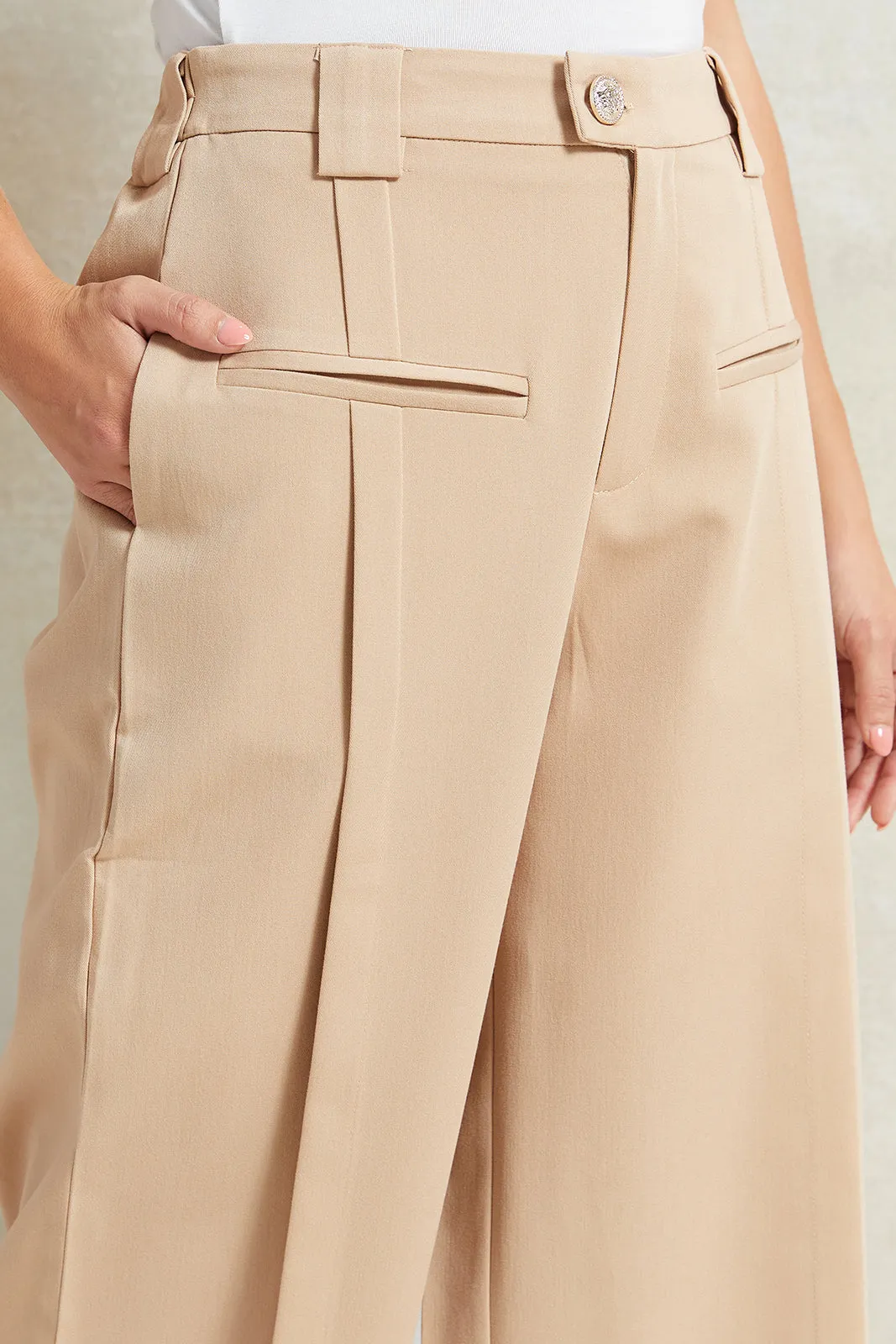 Women Beige High Waisted Trousers