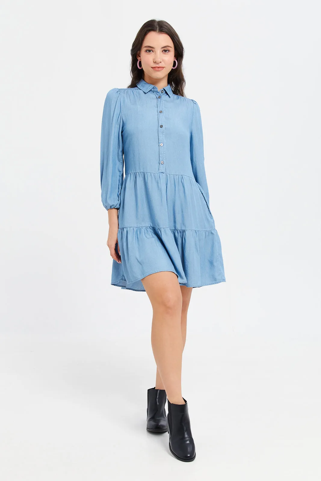 Women Blue Denim Tier Dress