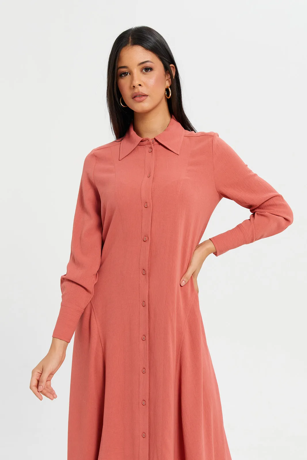 Women Crimson Plain Collared Dress