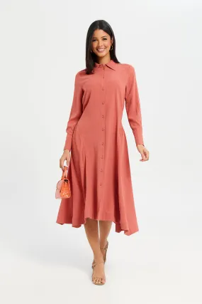 Women Crimson Plain Collared Dress