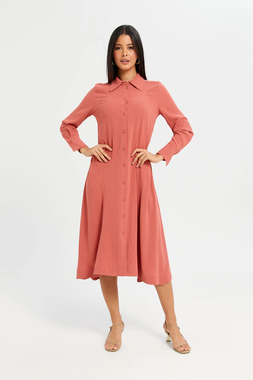 Women Crimson Plain Collared Dress