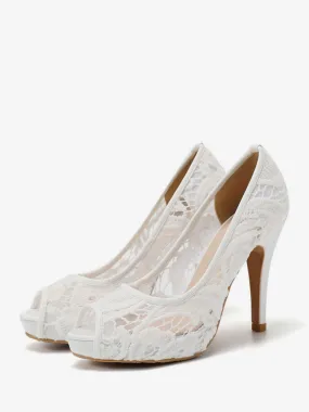 Slip On White Goblet Heel Lace Peep Toe Women Heels Platforms