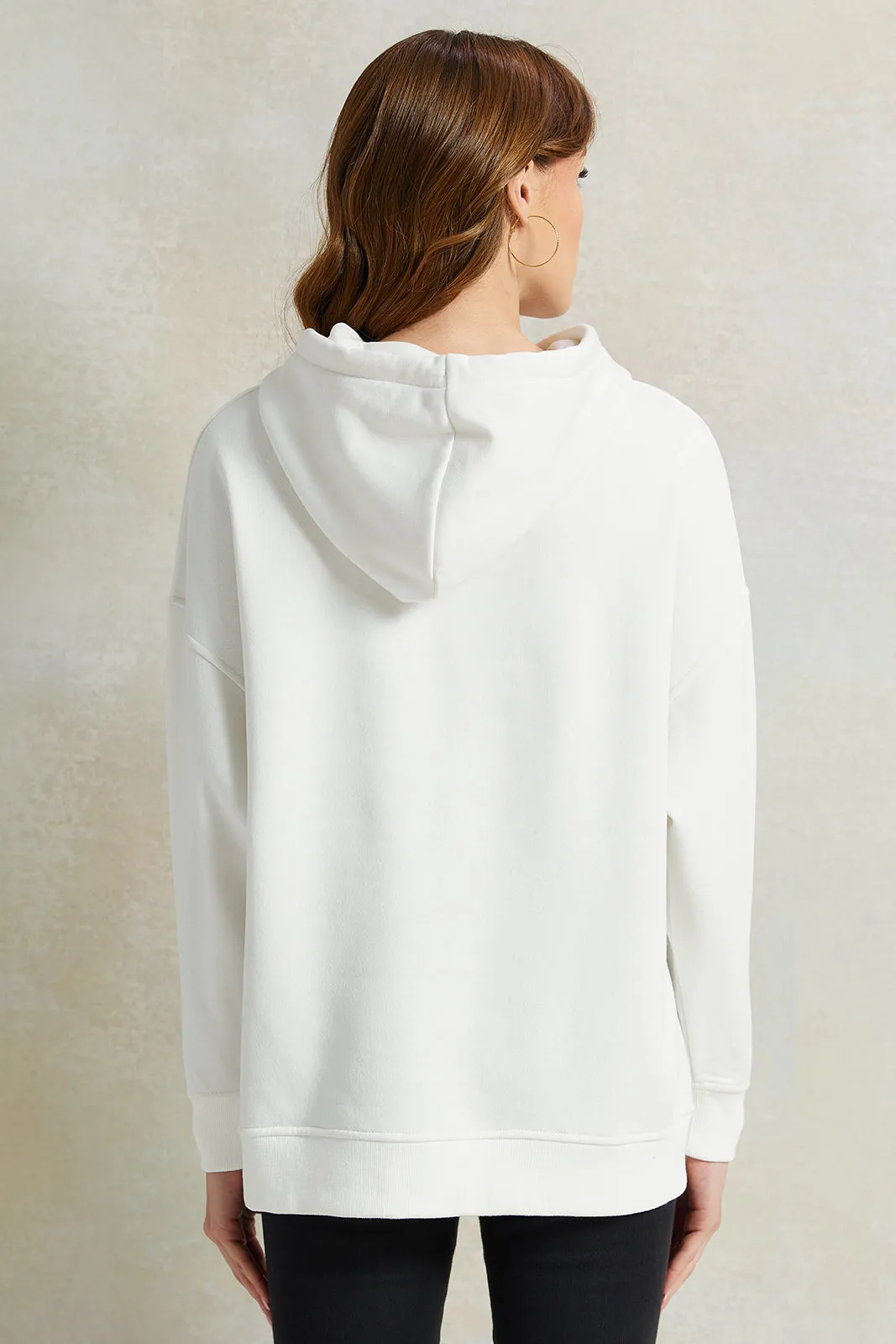 Women Ivory Printed Hooded Sweatshirt