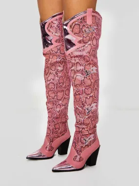 Snake Pattern Western Thigh High Boots