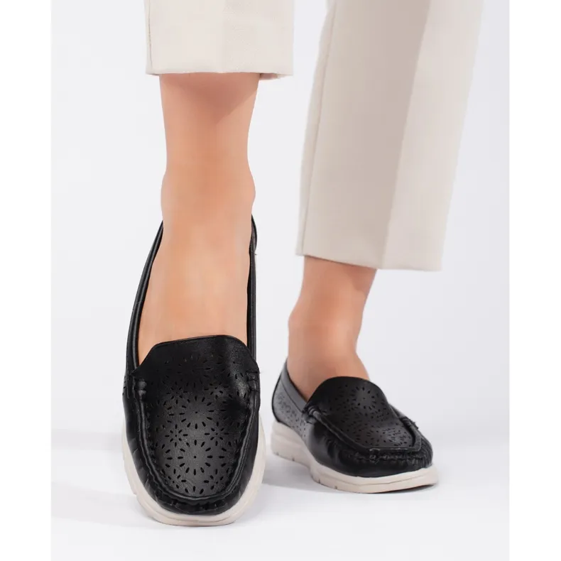 Womens black openwork moccasins \