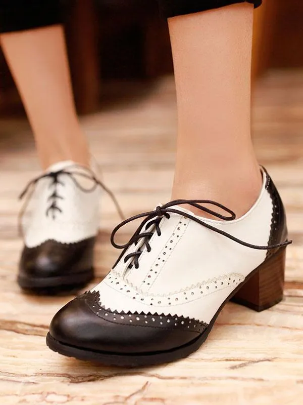 Women's black round toe block heel lace-up brogue Oxfords for women