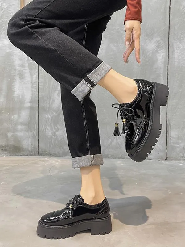 Women's black round toe lace-up flatform Oxford casual shoes