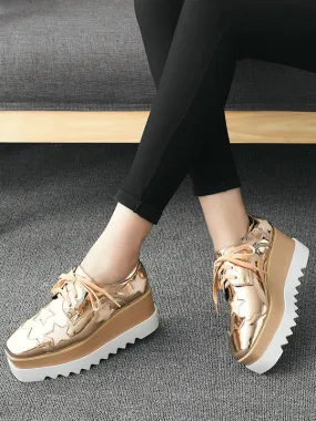 Stylish gold lace-up Oxford platform shoes for women