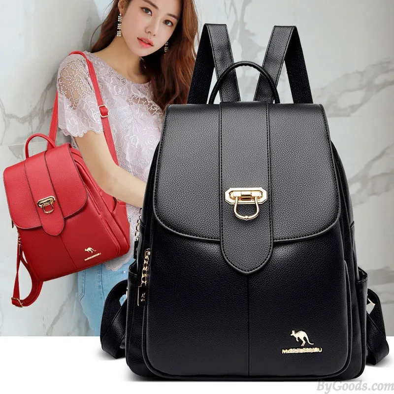 Women's Kangaroo Bag Backpack with Single Buckle and PU Leather for Shopping