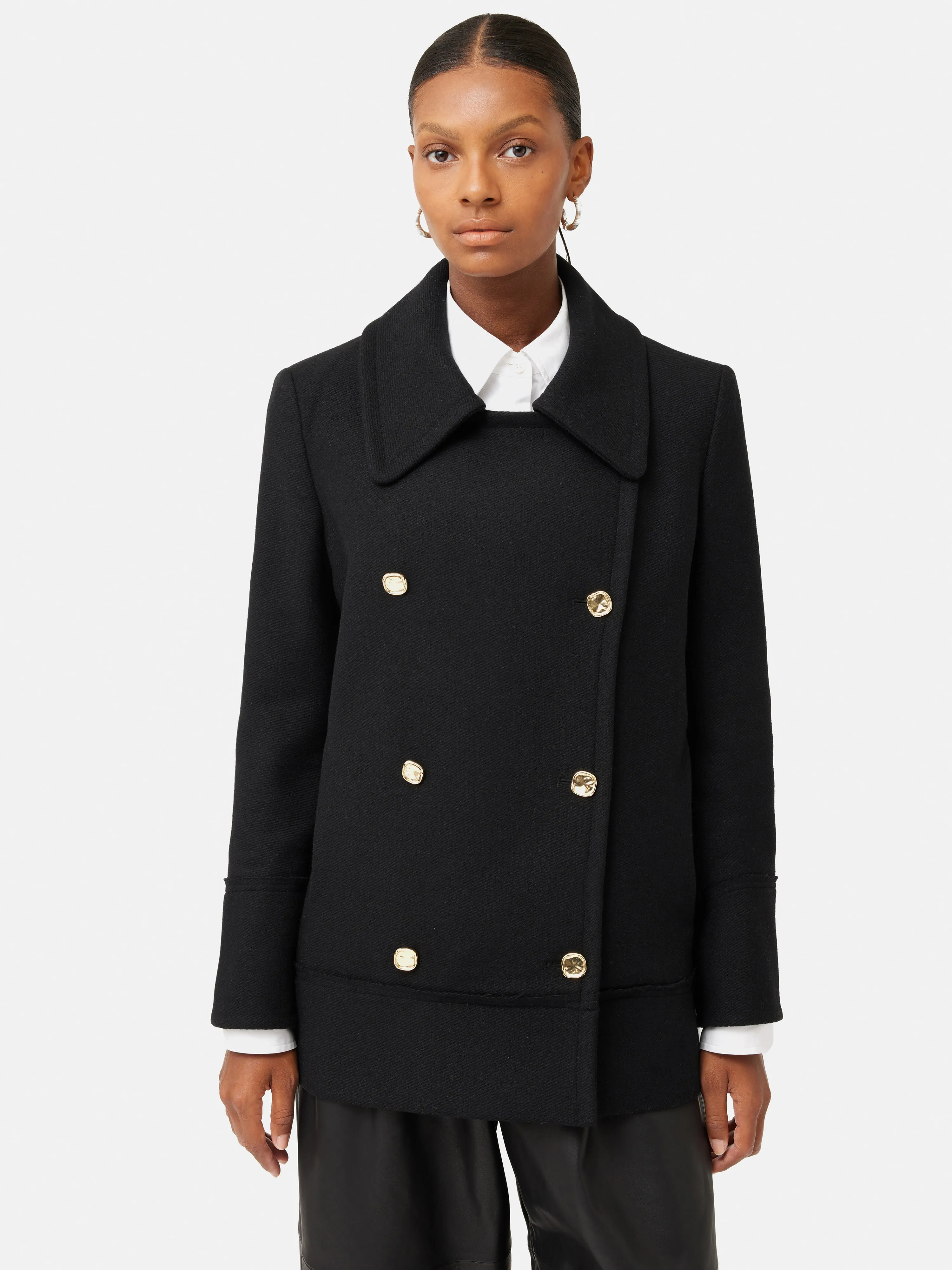 Wool Twill Longline Pea Coat | Black