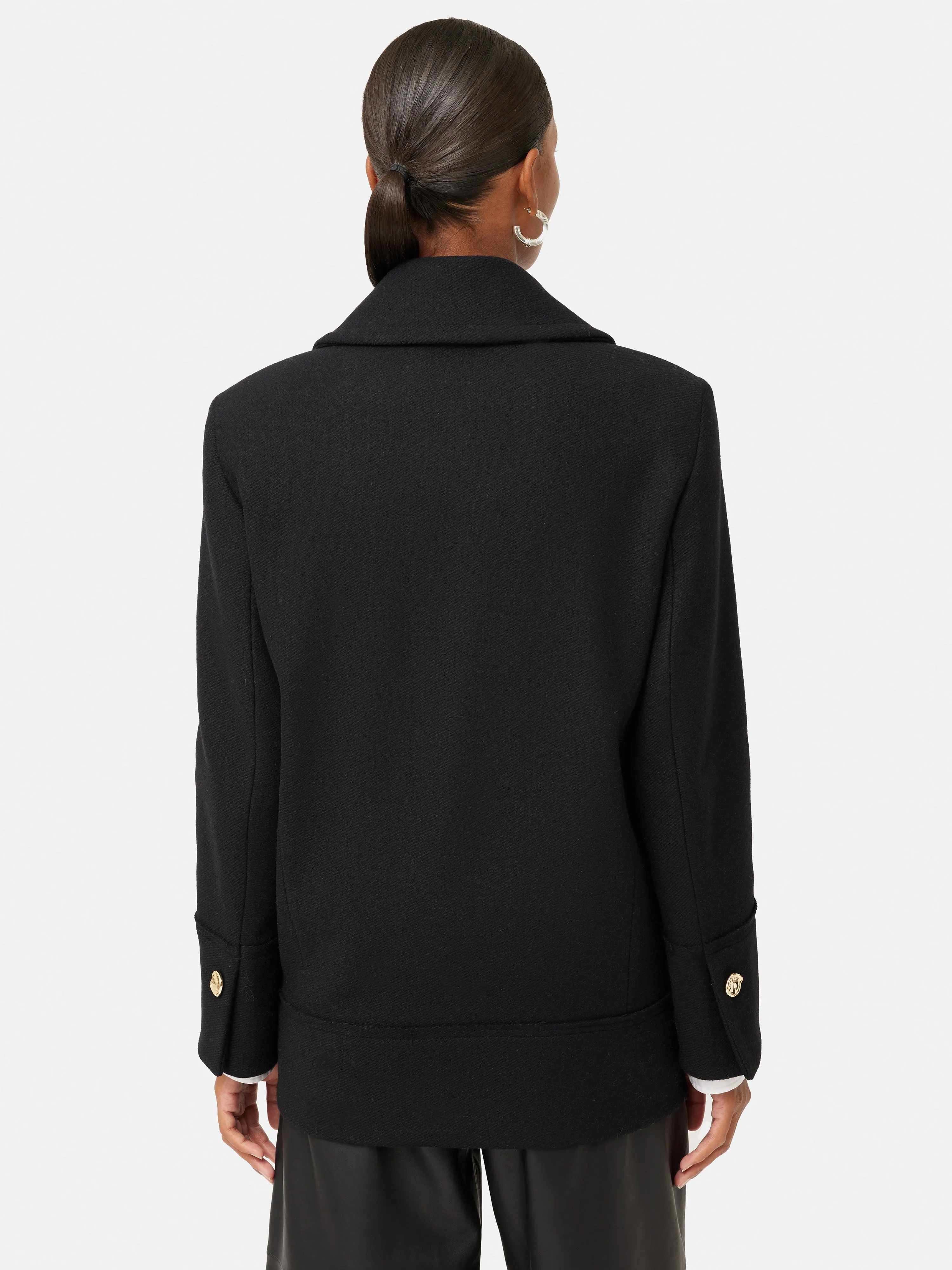 Wool Twill Longline Pea Coat | Black