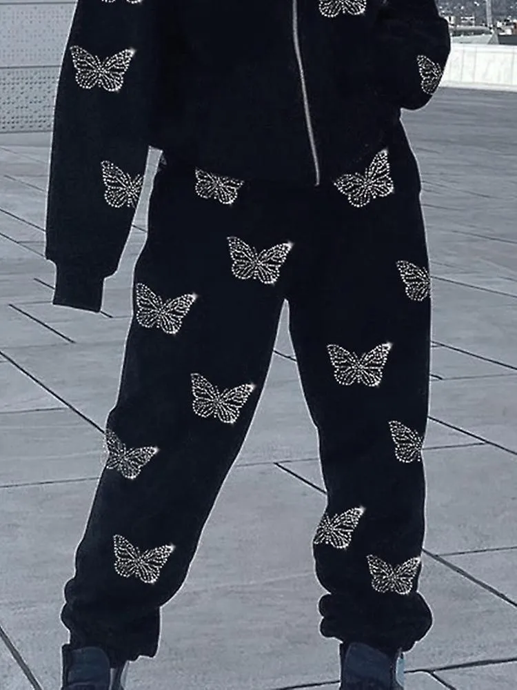 Y2K Butterfly Print Crystal Patch High Waisted Joggers Women