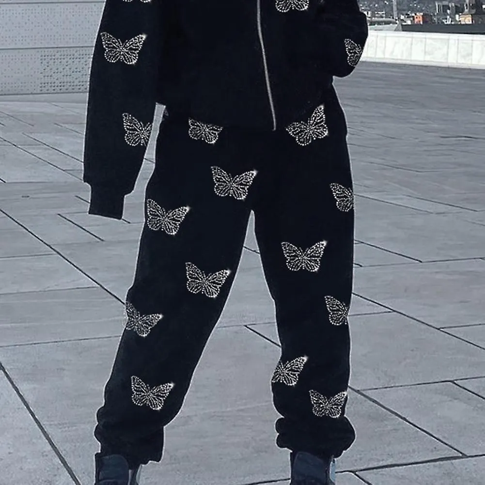 Y2K Butterfly Print Crystal Patch High Waisted Joggers Women