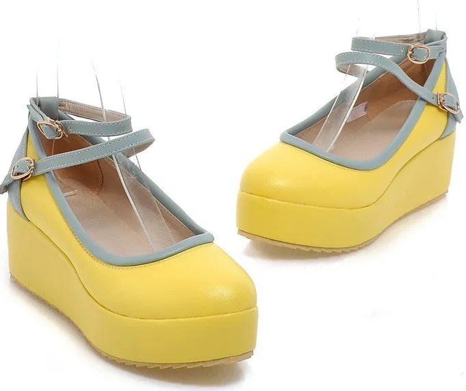 Yellow Blue Ankle Straps Ballets Platforms Ballerina Flats